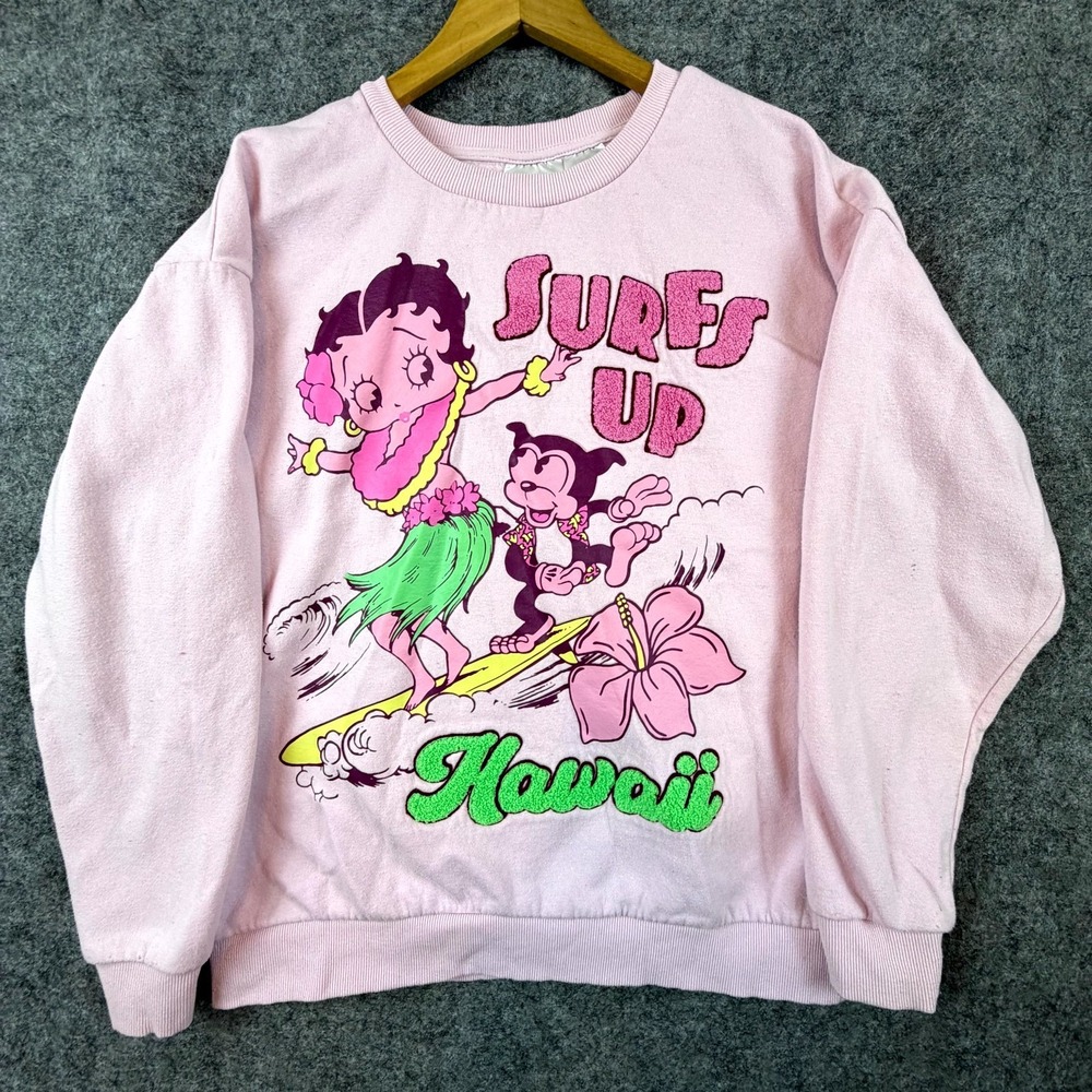 Vintage Betty Boop Sweatshirt Womens Large Pink Graphic‎ Print Hawaii Surfs Up